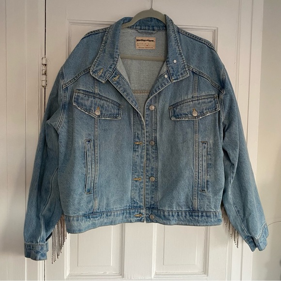 Free People Rhinestone Fringe Denim Bomber Jacket Meteor Wash XL - Picture 6 of 10